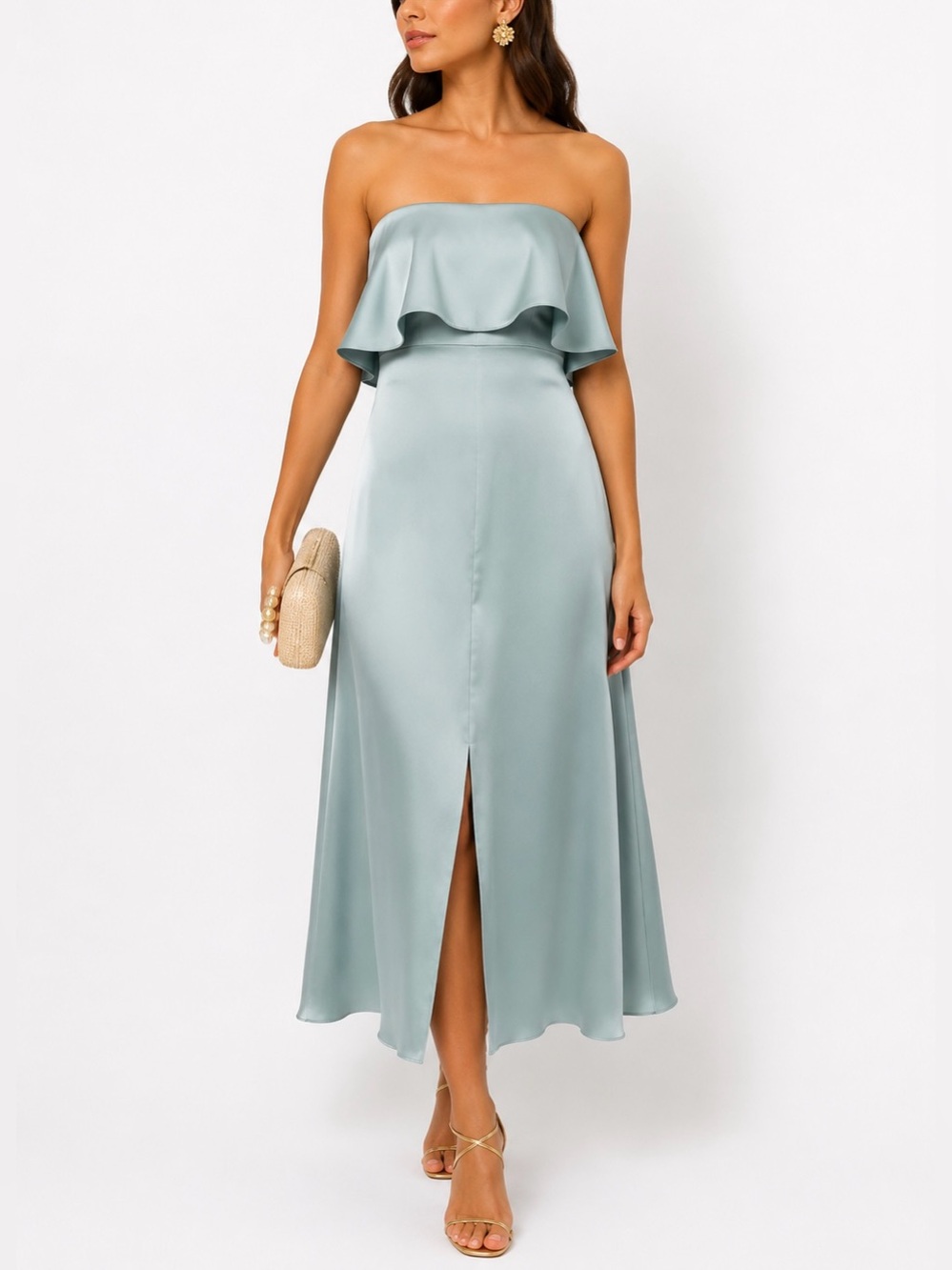Zimmermann Strapless Flounce Dress 3 Seafoam 100% Silk Front Slit Midi Satin